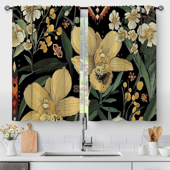 Floral Kitchen Curtains - Rustic Small Short Cafe Tier Curtains for Living Room Rod Pocket Window Drapes40 Inch Length 2 Panels Set 28"x40"