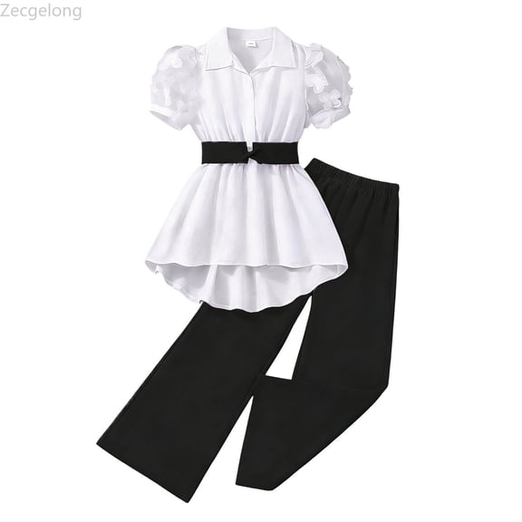 Zecgelong Girls Summer Outfit Short Sleeve Shirt With Collar And High Waist Trousers Two Piece Casual Front Short Back Long Top Girls 2 Piece Sets Age 9-10 Years