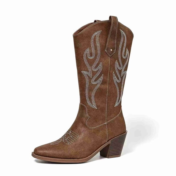 Women's Mid-Calf Western Cowboy Boots with Embroidery, Vintage Square Toe & Chunky Heel, Pull-On Cowgirl Boots