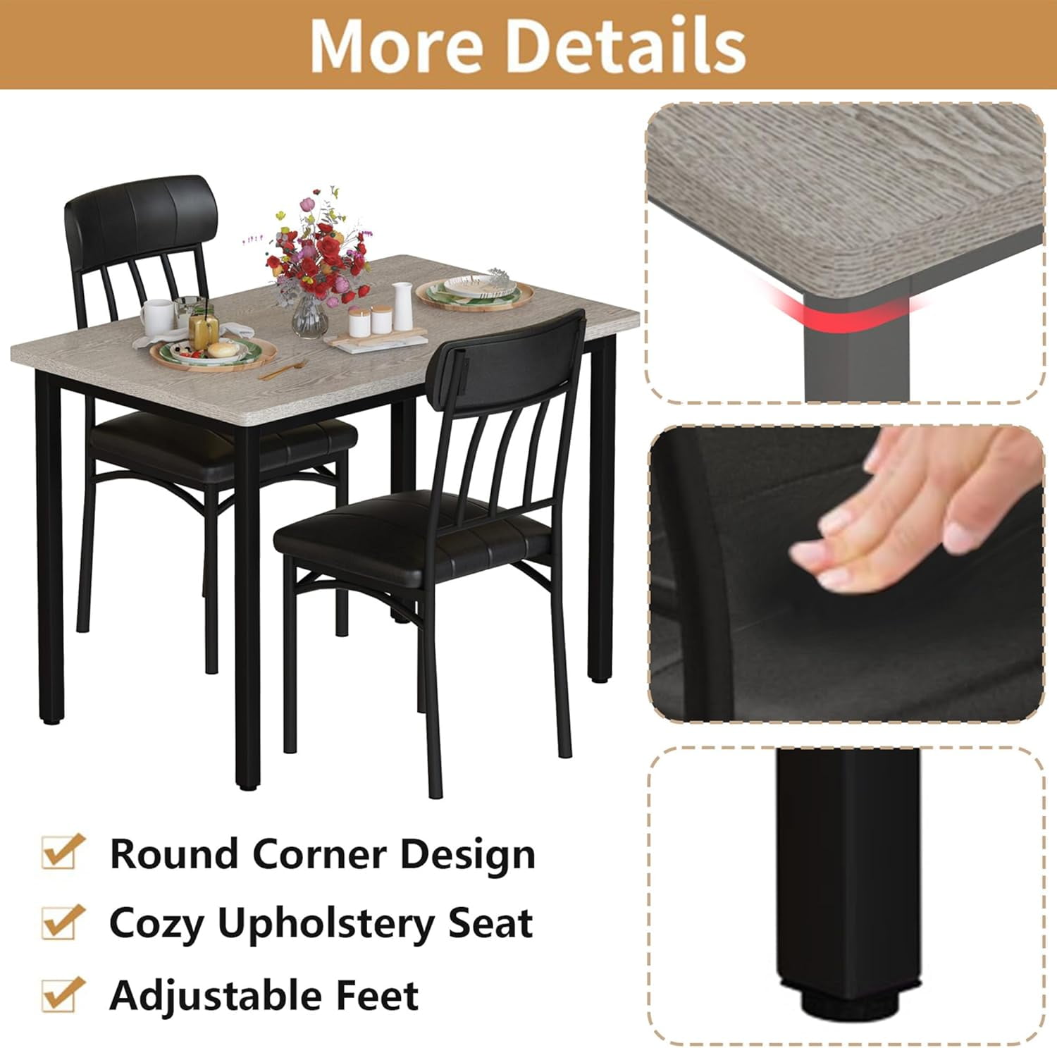 Baxluxe 2-Person Dining Table Set for 2, Small Rectangle Kitchen Table with 2 Backrest Dining Chairs, 3 Pieces Industrial Dining Table and Chairs Set, Wooden Dinette Set for Small Space, Gray