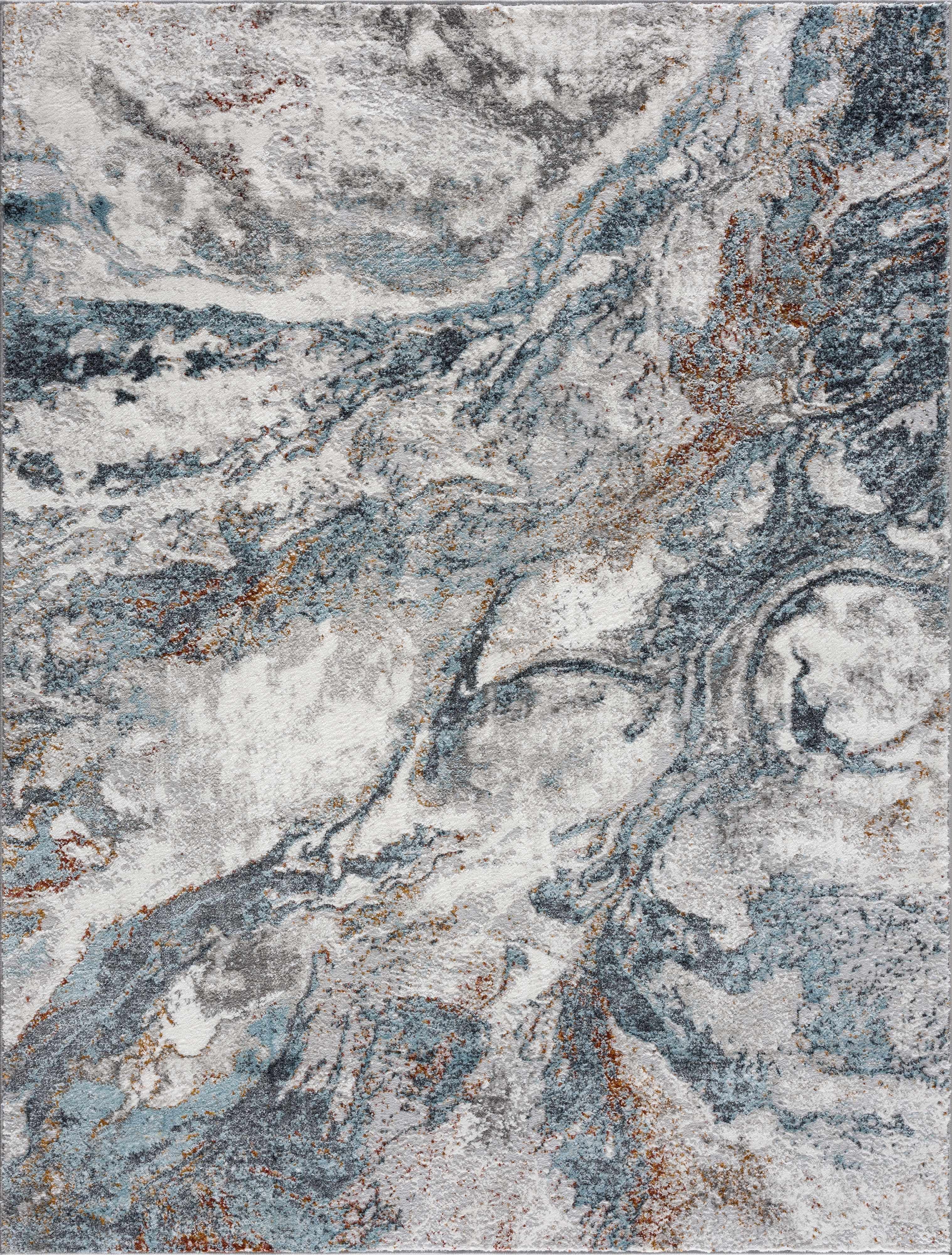 Hauteloom Liverpool Modern Abstract Bedroom Living Room Area Rug - Boho Carpet - Contemporary Bohemian Farmhouse - Blue, Light Grey, Dark Grey - 6'7" x 9'