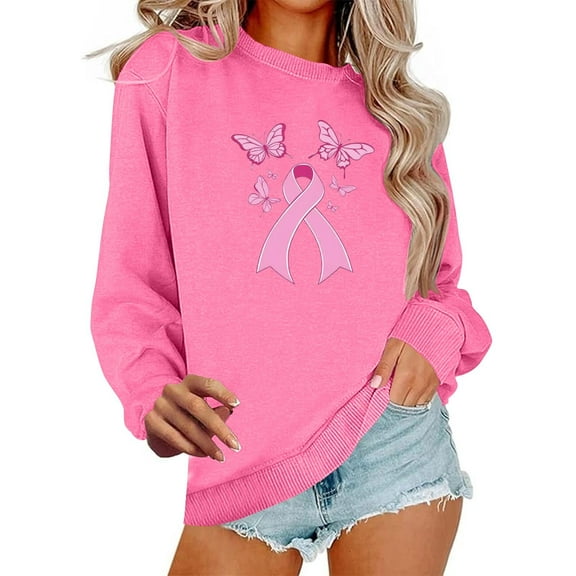 HongQid Women Breast Cancer Sweatshirt Pink Ribbon Sweater Cancer Awareness Long Sleeve Casual Fall Crewneck Pullover