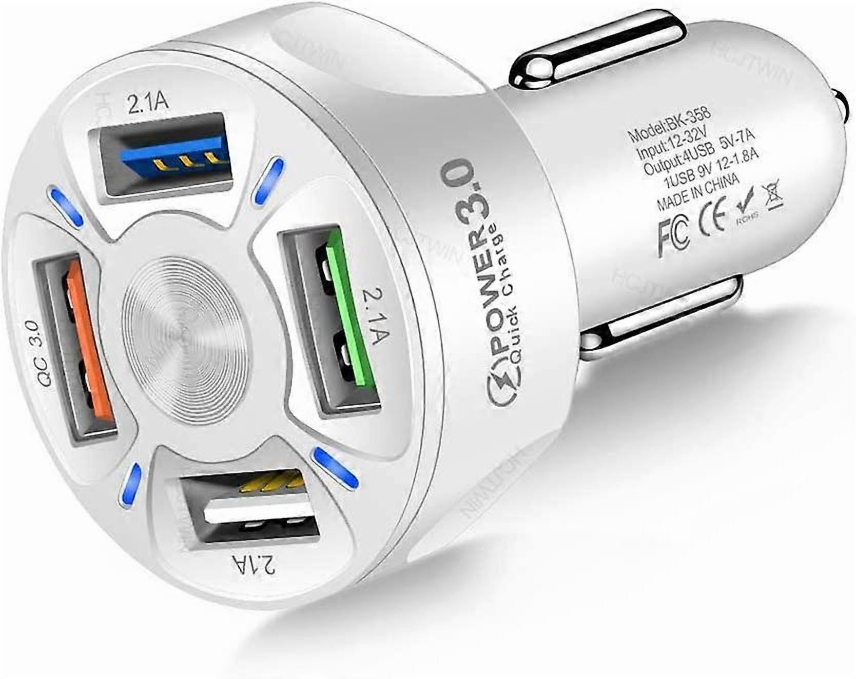 USB Car Charger, 4 in 1 Car Charger Adapter 7A 35W USB Fast Charging Device with LED Light compatible 12-32V Car SUV Off-Road Vehicle (White)_Perfect Gift