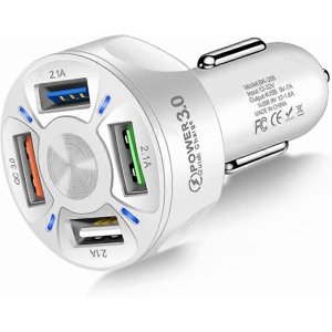 USB Chargeur de voiture, 4 en 1 Adaptateur de chargeur de voiture 7A 35W USB Dispositif de recharge rapide avec LED Compatible avec la lumière 12-32V Voiture SUV Véhicule hors route (blanc)_Parfait Gift