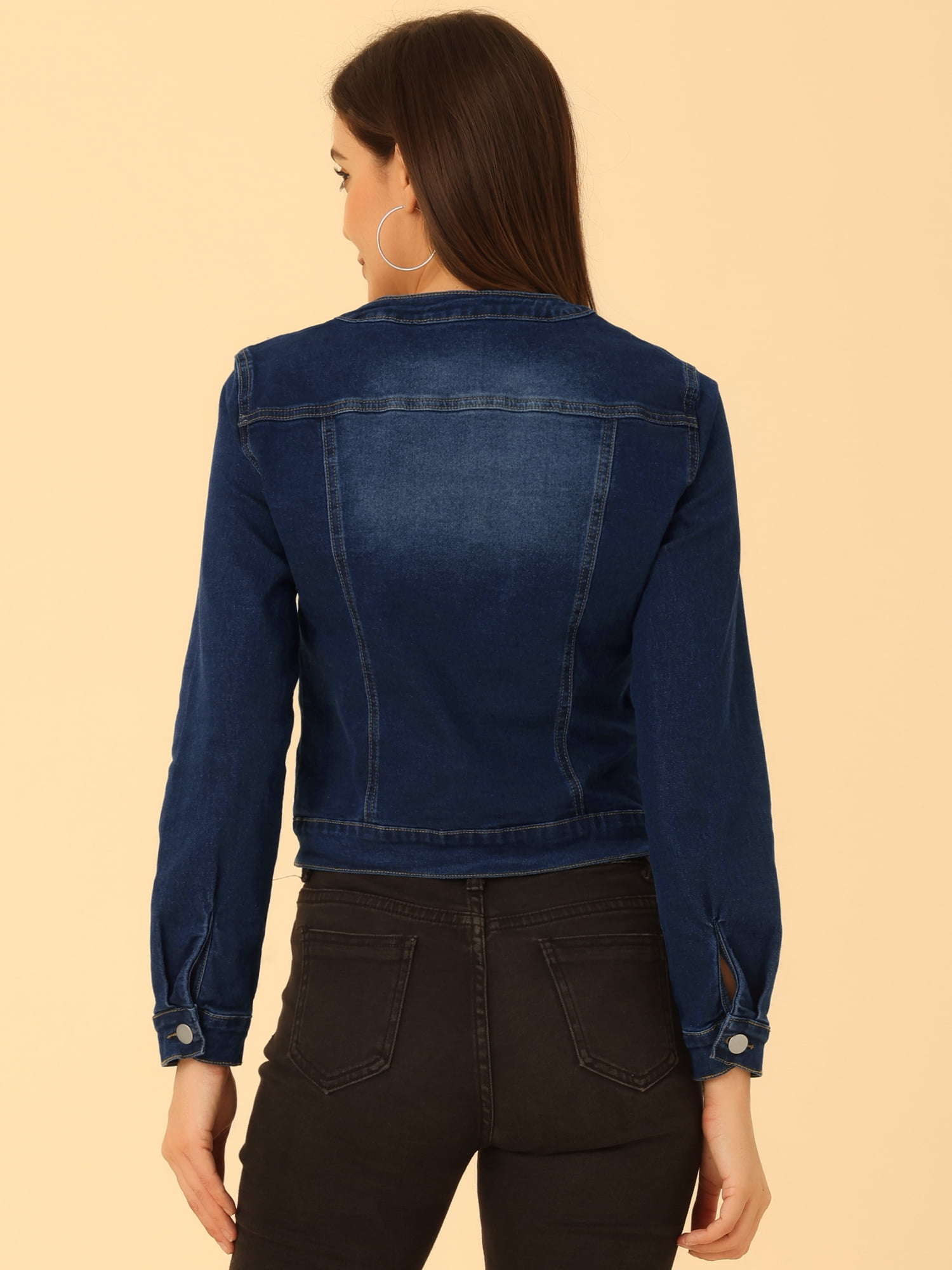DARING DIVA Women's Button Down Collarless Cropped Denim Jacket S Deep Blue