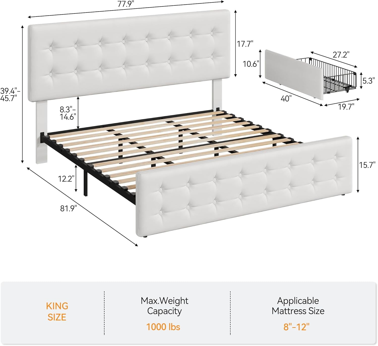 King Size Bed Frame with 4 Storage Drawers, Faux Leather Upholstered Platform Bed, Adjustable Headboard, White