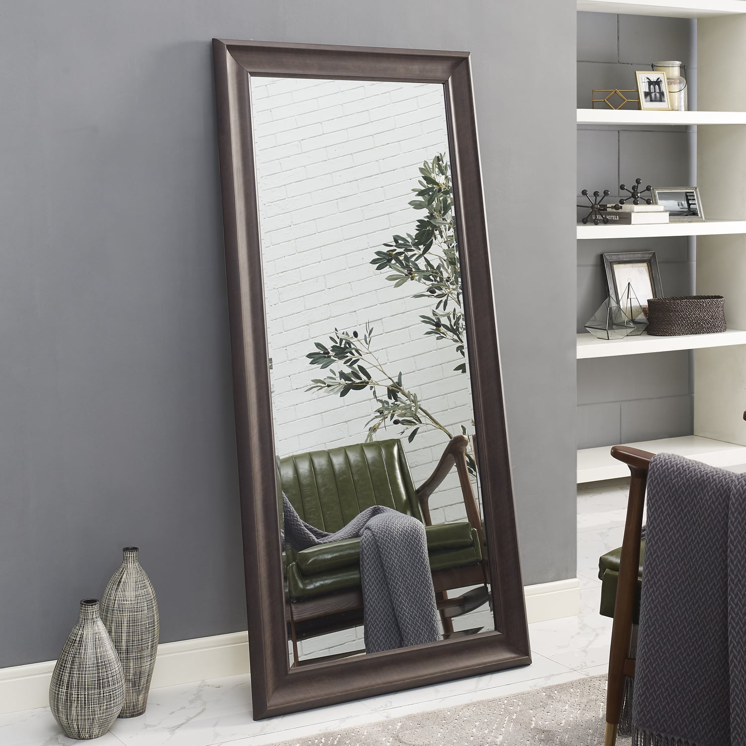 Floor Mirror Free Standing Full Length Rectangular Gray Finish Cheval Dressing 