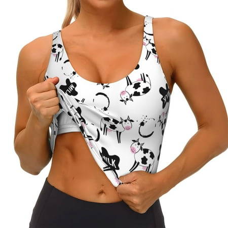 Qokaie Cute Cow and Milk Stains Pattern Womens Scoop Neck Sports Bra Breathable Workout Vest Padded U Back Medium Impact Fitness Gym Yoga Bra Workout Crop Top