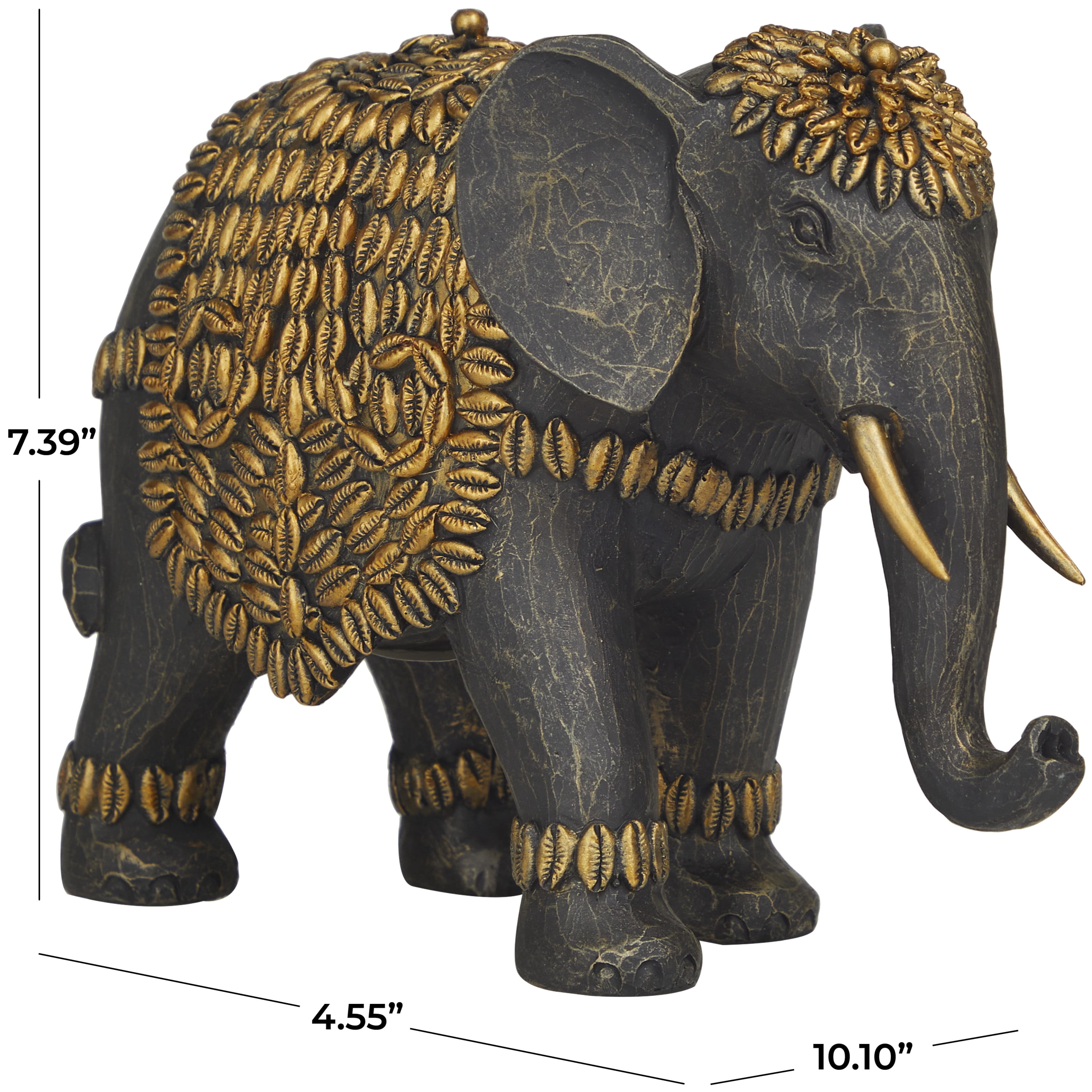 5" x 7" Black Polystone Elephant Sculpture with Cowrie Shell Carvings, by DecMode