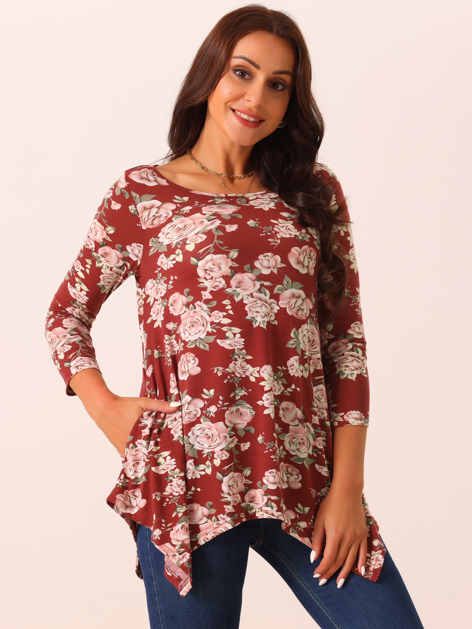 DARING DIVA Women's 3/4 Sleeve Floral Print Loose Fit Asymmetrical Hem Top Wine Red S