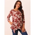 thumbnail image 3 of DARING DIVA Women's 3/4 Sleeve Floral Print Loose Fit Asymmetrical Hem Top Wine Red S, 3 of 5