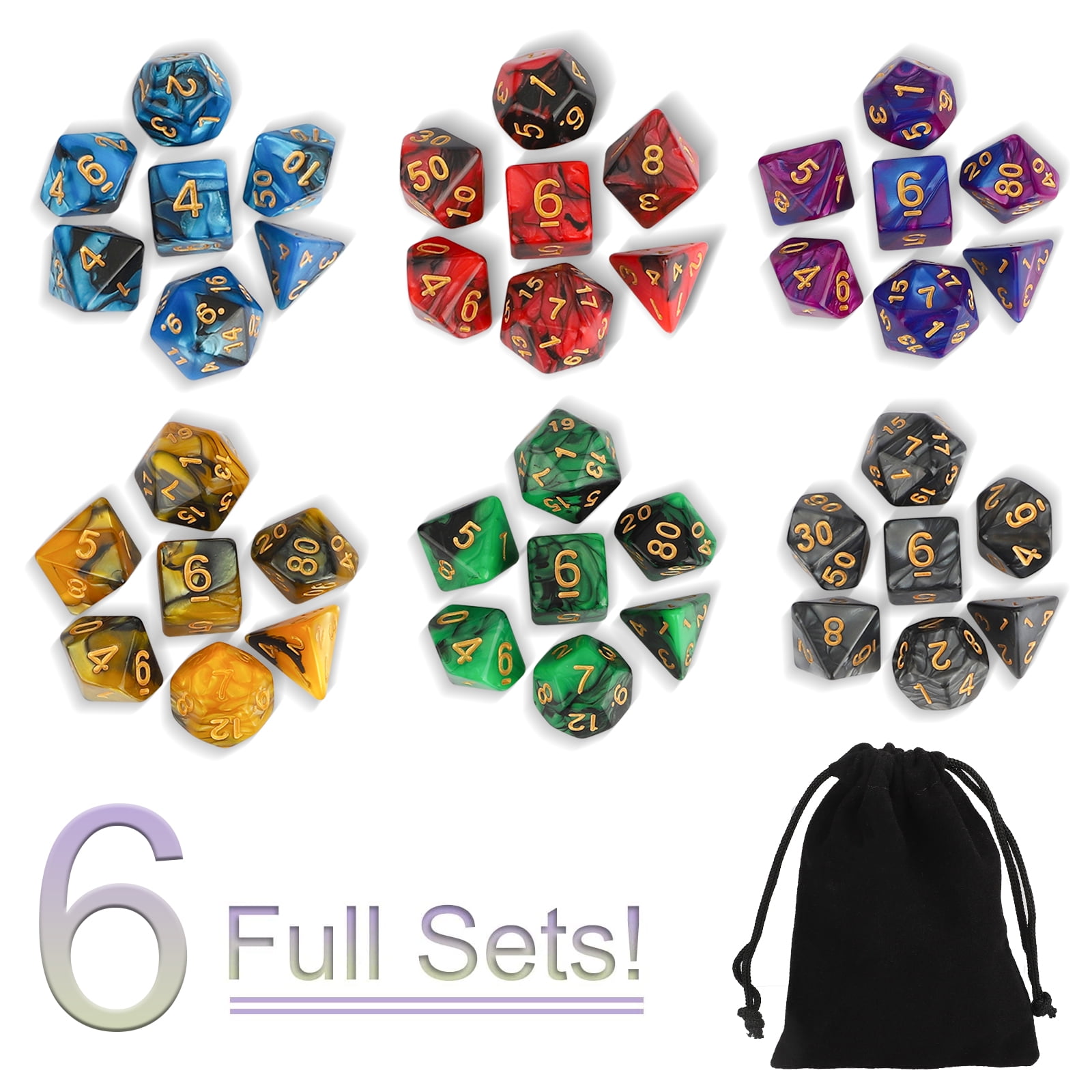 42 Polyhedral Dice with Bag RPG D&D Pathfinder Includes 6 Complete Sets of 7 