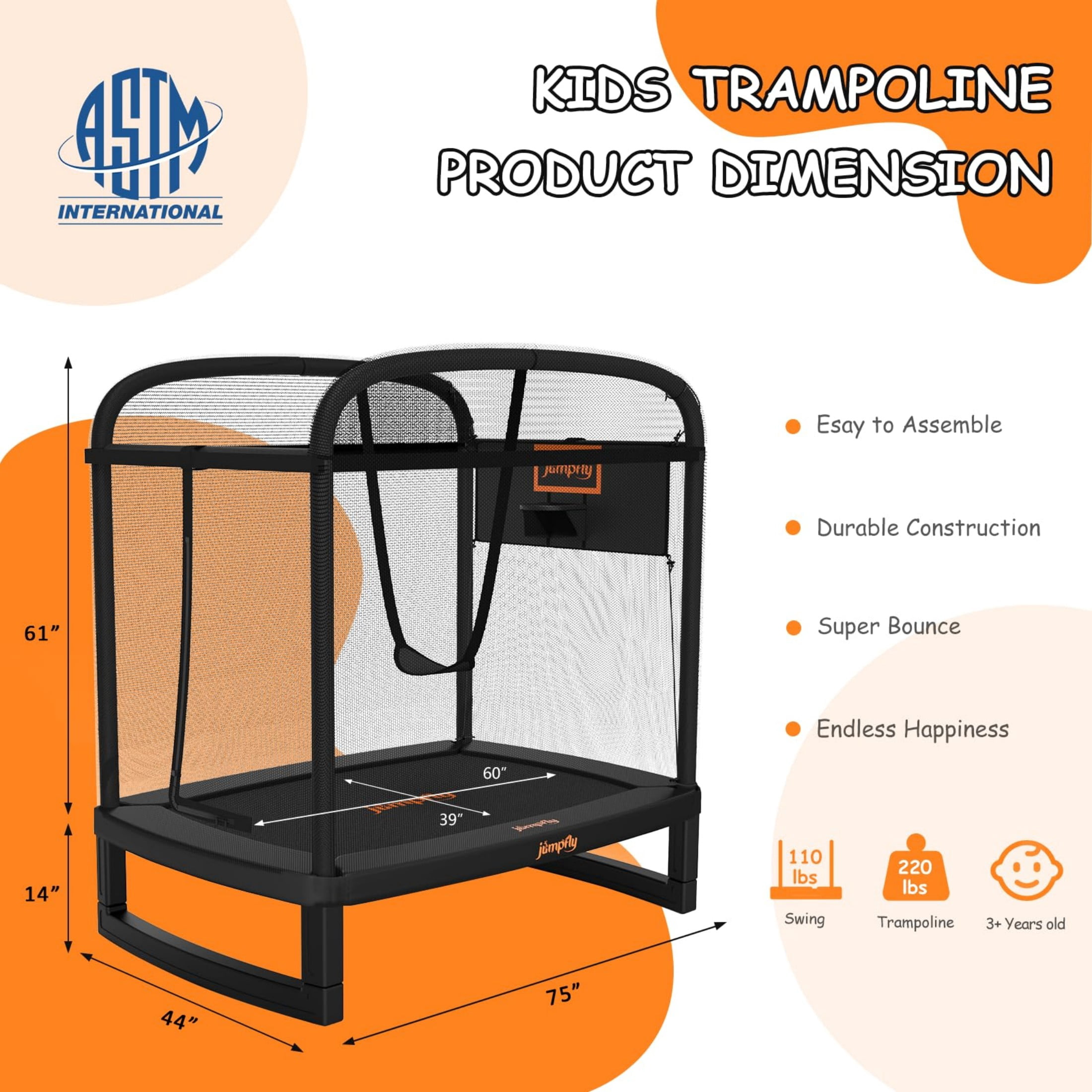 Jumpfly 6FT Rectangle Trampoline for Kids,Toddler with Enclosure Swing&Basketball Hoop,Mini Small Baby Indoor&Outdoor , for Age 3+