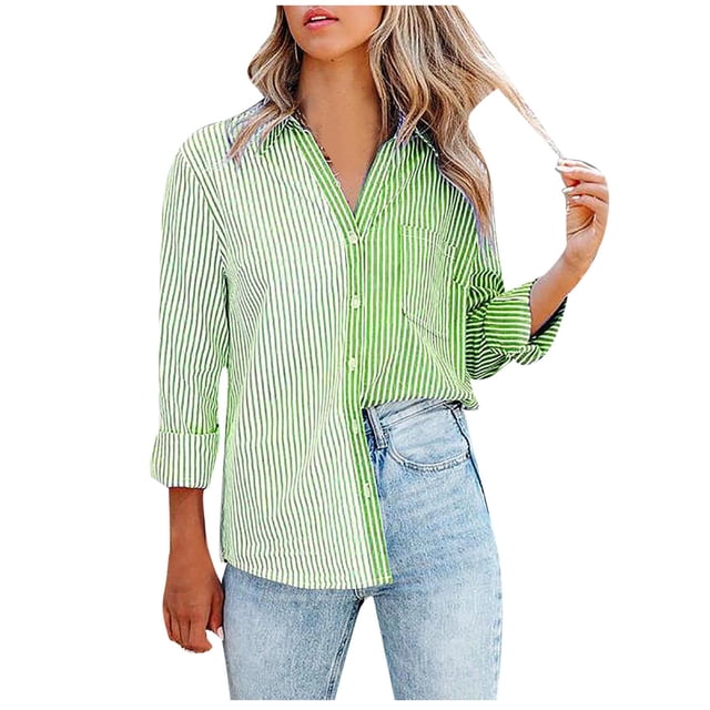 Cárdigan Para Mujer Raya Contraste Impresión Manga Larga Camisa de Un Solo Pecho Solapa Top Odeerbi ODB184830