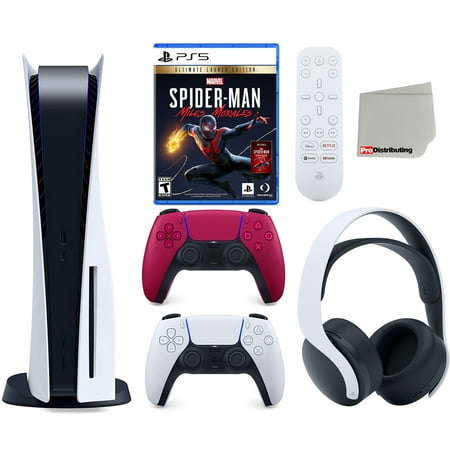 Sony Playstation 5 Disc Version (Sony PS5 Disc) with Cosmic Red Extra Controller, Headset, Media Remote, Marvel's Spider-Man: Miles Morales Ultimate Launch Edition and Microfiber Cleaning Cloth Bundle
