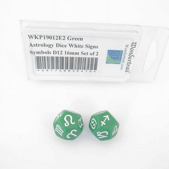 Green Astology Dice with White Signs Symbols D10 16mm (5/8in) Set of 2 Wondertrail