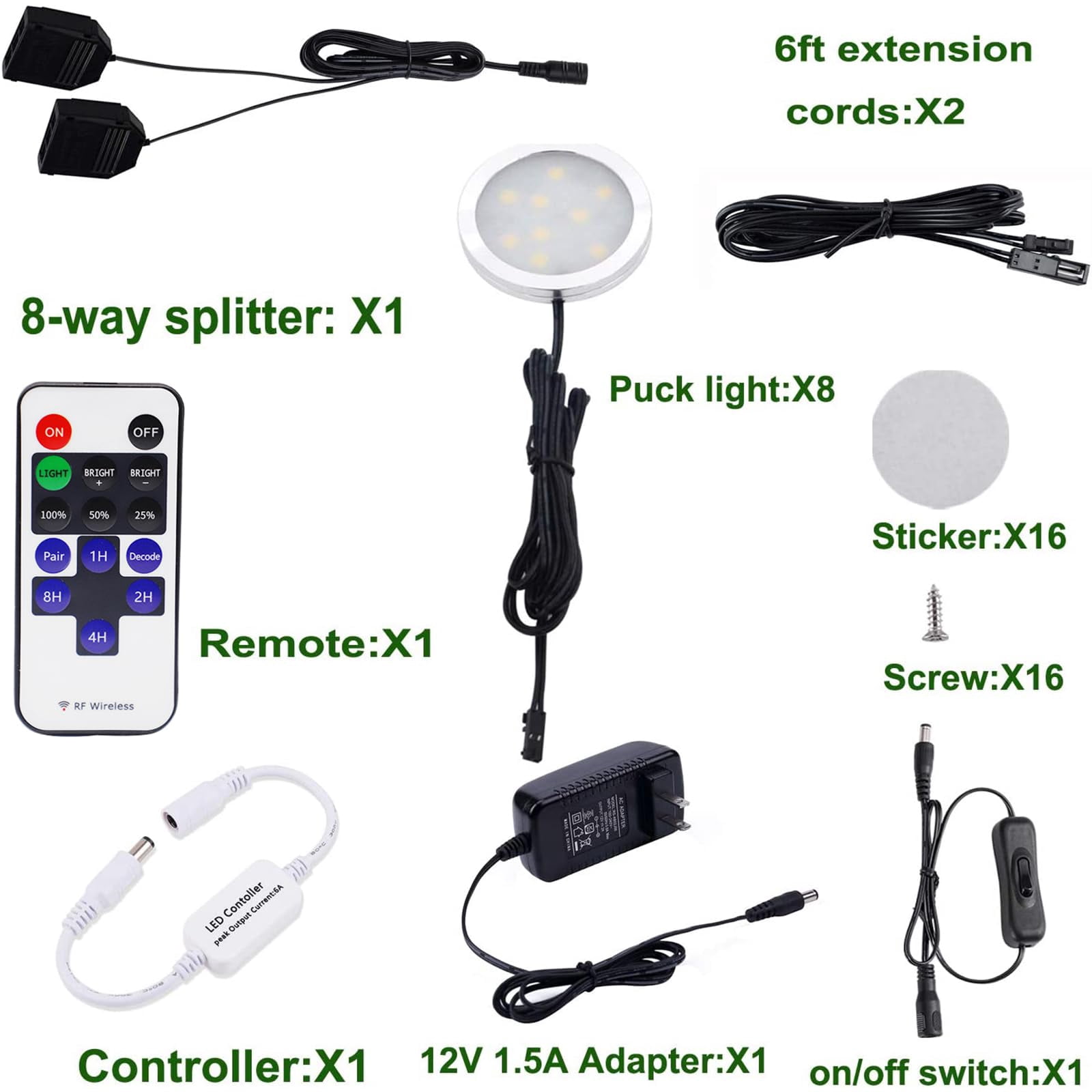AIBOO LED Under Cabinet Puck Lights, 8 Pack Dimmable 12V with RF Remote, Warm White