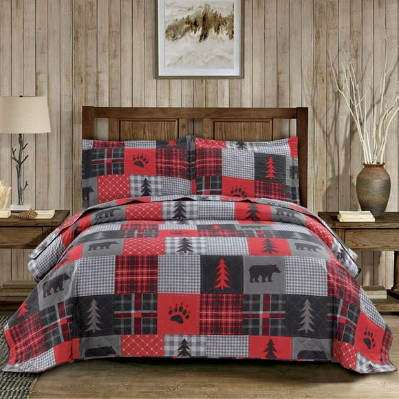 Junsey Ensemble de Courtepointes Ours Rustique Taille Très Grand Couvre-Lit Léger à Carreaux Literie Lodge Rustique Drap de Lit Forêt Arbre avec Taies d'Oreiller (Rouge Noir Gris Très Grand)