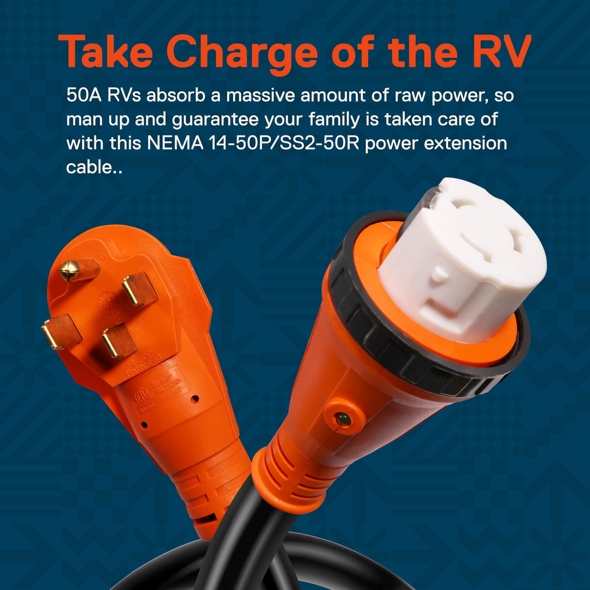 50 Feet 125/250V 50A RV Power Extension Cord [Twist Lock] [NEMA 14-50P/SS2-50R] [6/3+8/1 AWG STW Copper 4 Wires] [LED Indicator] [ETL Listed] [EZ-Grip Handle] For RV Trailer Camper Campsite