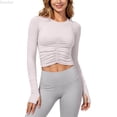 thumbnail image 5 of DuoJiaJ Womens Long Sleeve Crop Top, Crew Neck Ruched Stretchy Yoga Athletic White M, 5 of 5