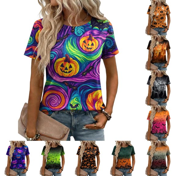 IYYVV Funny Graphic tees for women Pumpkin Ghost Halloween Costumes Crewneck 2026 Shirts Short Sleeve T-Shirts Gray XL