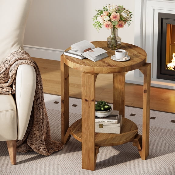 Finmind Solid Wood End Table, 2-Tier Round Sofa Side Table with Storage, Farmhouse Wooden Nightstand for Living Room, Bedroom, Couch, Easy Assembly, Brown