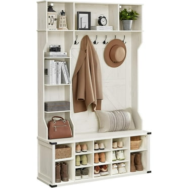Hall Tree with Bench and Shoe Storage Coat Rack with Shoe Bench Entryway Furniture, 20 Open Compartments, 6 Tri-Hooks, Farmfouse Style, Space Saving, Rustic White