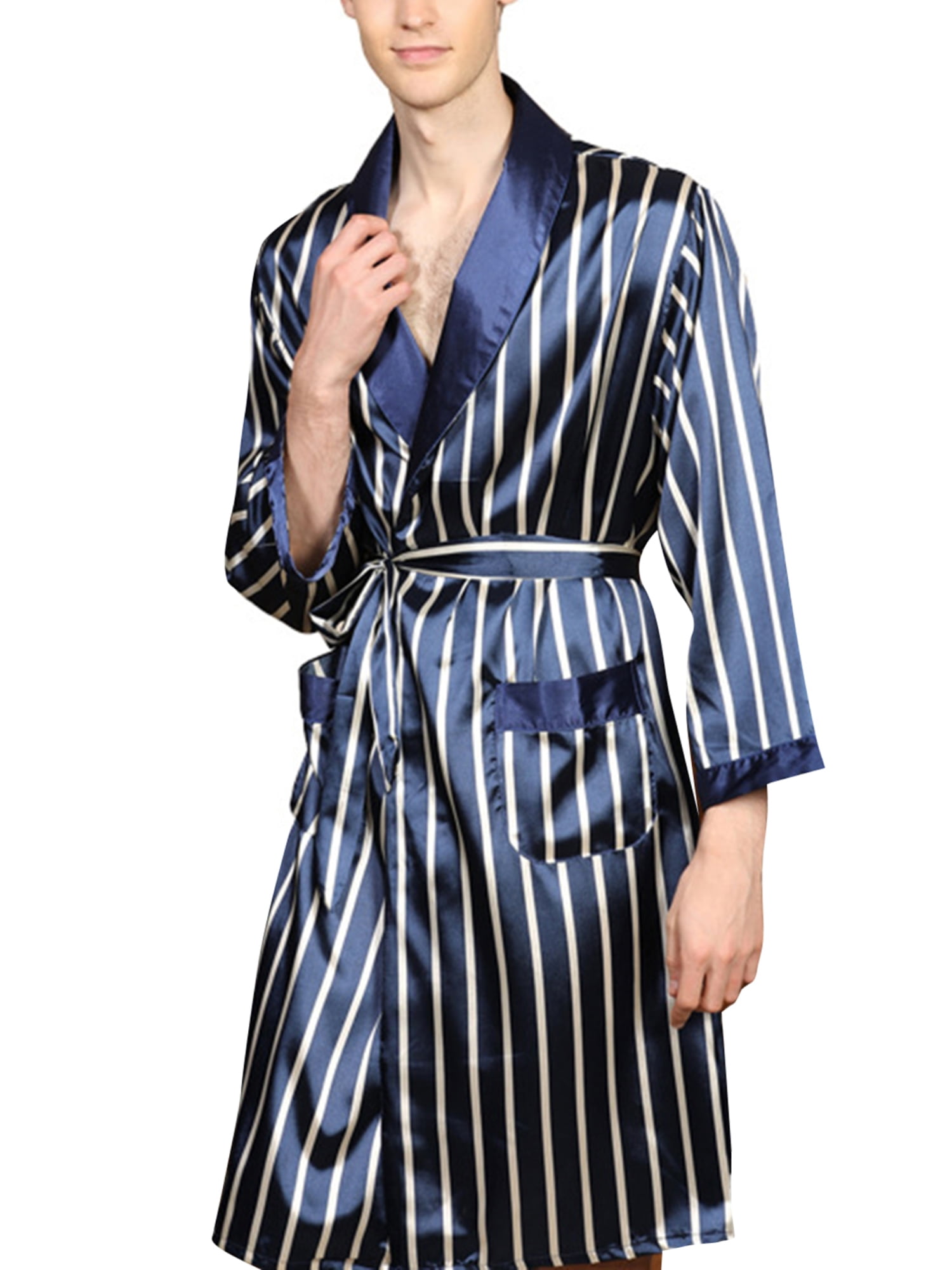 Mens Satin Long Robe Blue and White Strip Lightweight Silk Spa Bathrobe