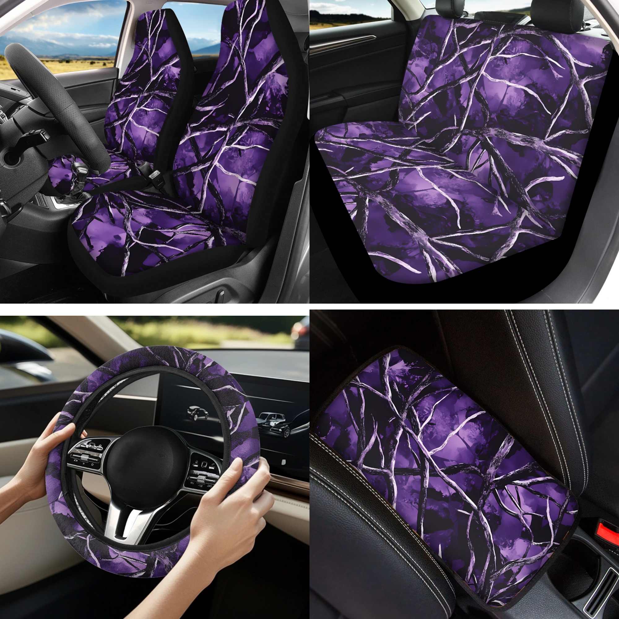 Jeiento Purple Camo Hunting Car Seat Cover Full Set with Steering Wheel Cover Seat Belt Pads Cup Holders Keychain for Most Vehicles Auto Accessories Fit for Most Vehicles