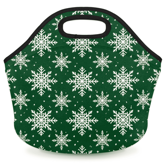 Herdesigns Snowflake Neoprene Lunch Bag, Green Christmas Insulated Lunch Box for Women Men Washable Lunch Tote Soft Lunch Container With Zipper for Work Picnic Travel