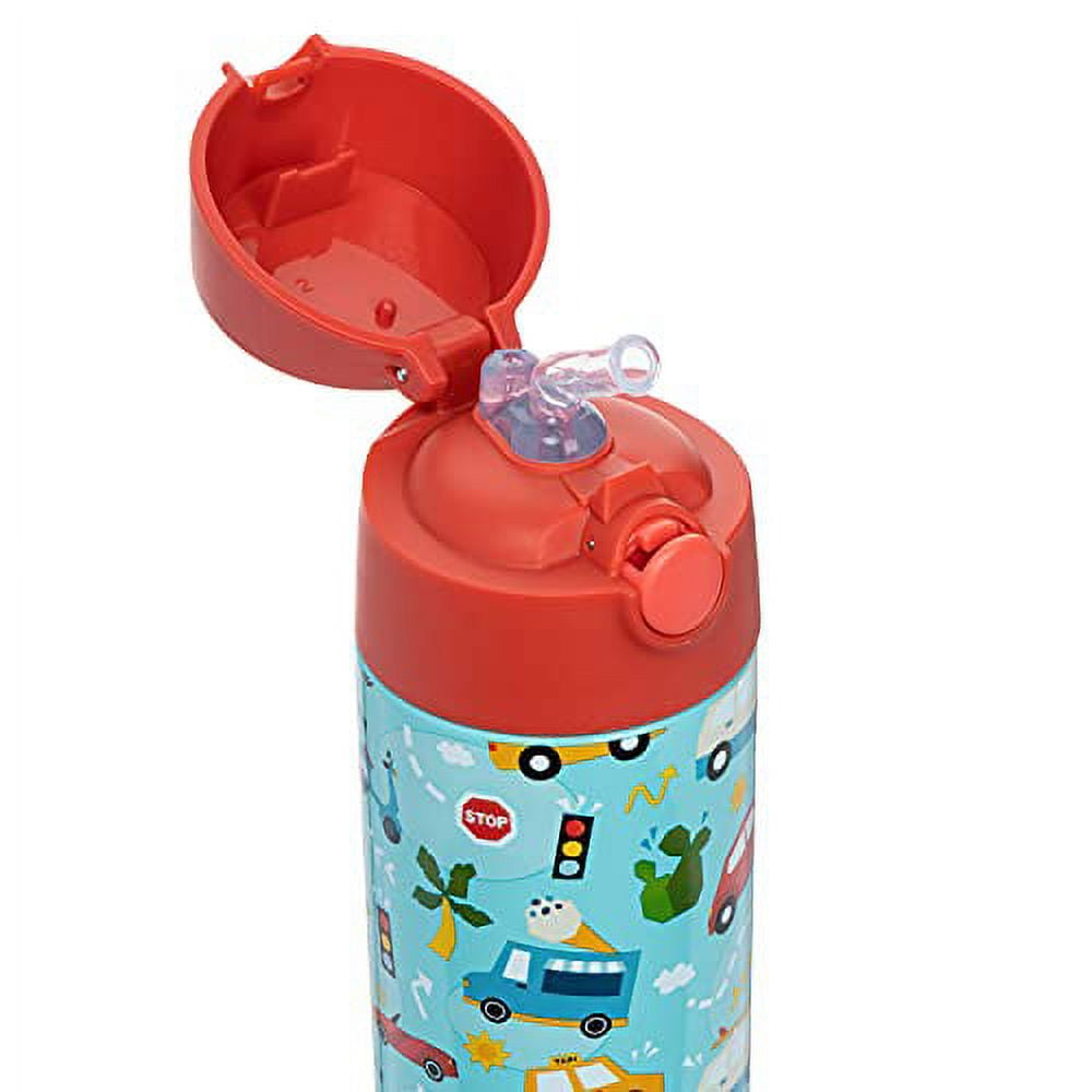Snug Kids Water Bottle Insulated Stainless Steel Thermos w/ Straw (Girls/Boys) Monster Trucks, 17oz
