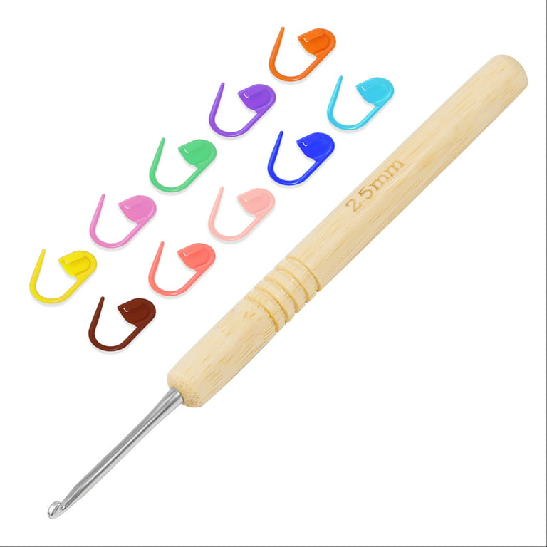 2.5mm Crochet Hook, Wooden Handle Crochet, Ergonomic Crochet with 10 Pcs  Stitch Markers for Arthritic Hand, and Beginners and Lovers DIY 