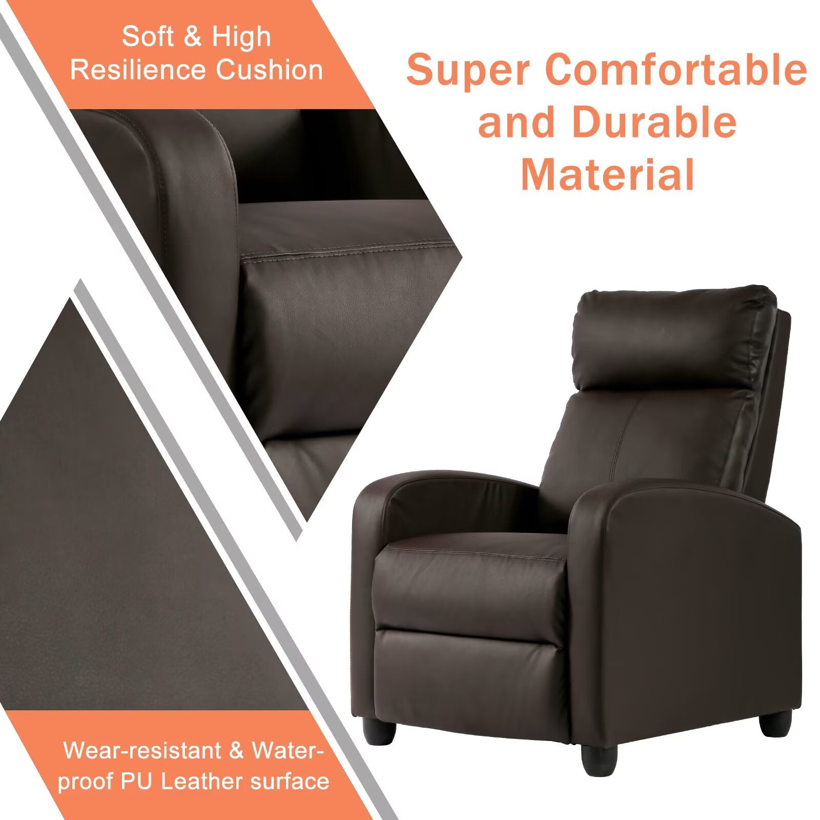 YRLLENSDAN Recliner Chair for Living Room Home Theater Seating Single Sofa Lounge with Padded Seat Backrest PU Leather for Adults, Brown
