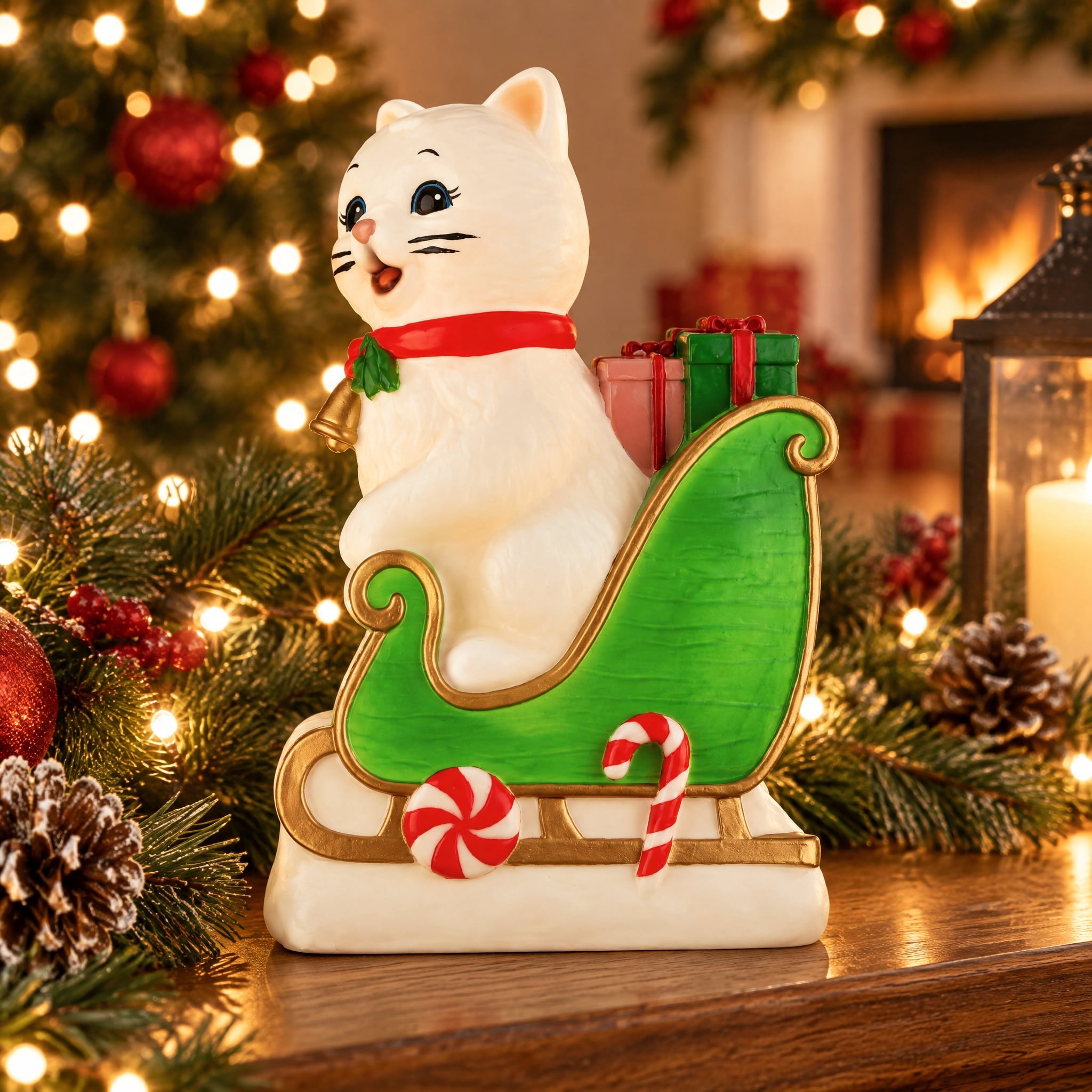 Lighted Blow Mold Cat in Sleigh Indoor/Outdoor Christmas Decoration, Multicolor, 24", by Holiday Time