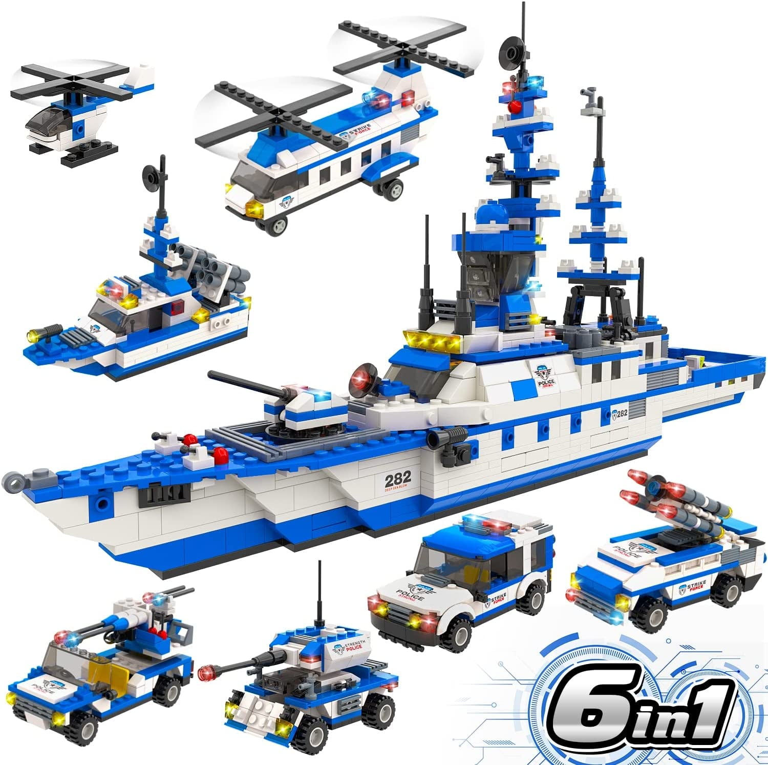 EXERCISE N PLAY 1169-Piece City Police Station Building Kit, 6-in-1 Military Battleship Toy