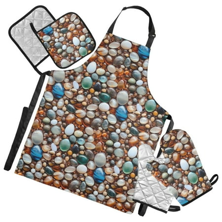 Various Shape Pebbles 5 Pcs Kitchen Set Heat Resistant Oven Mitts and Non-Slip Pot Holders with Adjustable Cooking Apron