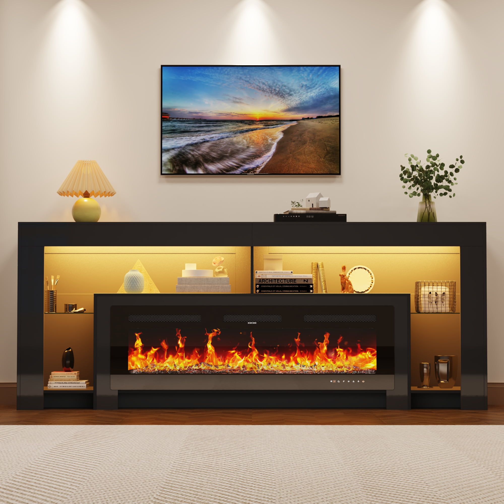 Blotout Fireplace TV Stand for 85/90''TV with 50'' Fireplace, 82'' Modern LED Entertainment Center with Overheat Protection, Adjustable Shelves, 2 Tier Fireplace Console for Living Room, Bedroom