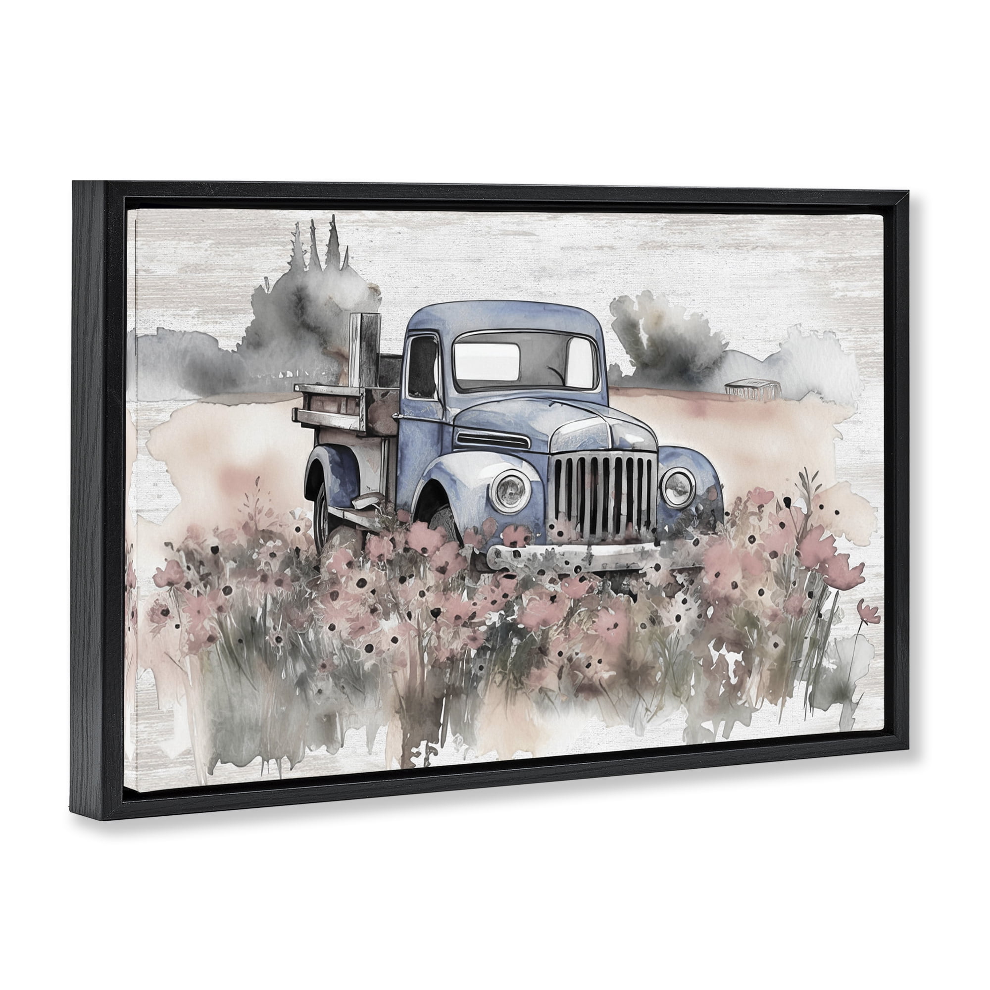Stupell Industries Pickup in Floral Meadow Transportation Painting Black Floater Framed Canvas Art Print Wall Art, 25 x 17
