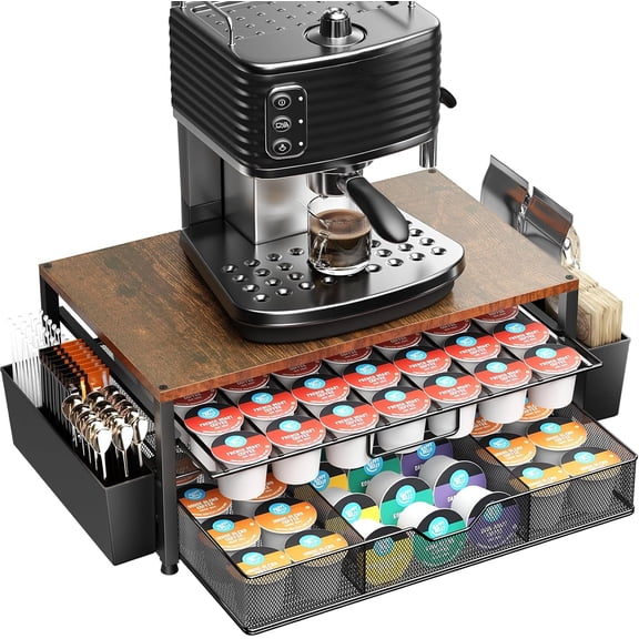 NEI K Cup Holder Organizer,2-Tier Coffee Pod Holder for 63 Large/80 Small Capsules with Storage Drawer&2 Accessory Holders, Kcup Organizer for Countertop Coffee Station in Kitchen, Office, Coffee Bar