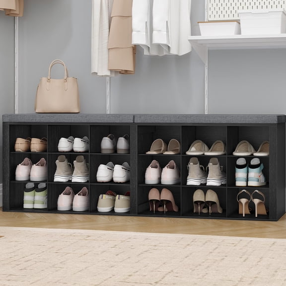Black Shoe Storage Bench with 18 Cubbies, Entryway Organizer for Living