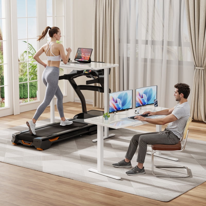 Homall 55" x 24" Glass Top Electric Standing Desk with Drawer, Height Adjustable Desk with Phone Stand & Charging Ports, Sit Stand up for Home Office,White