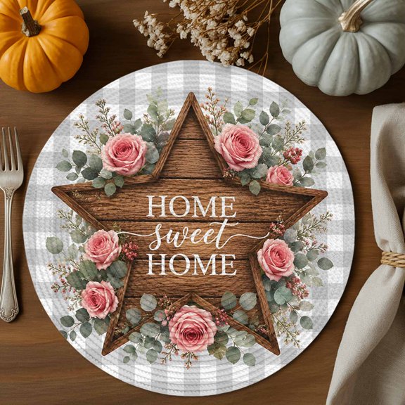 Home Sweet Home Round Braided Placemats Set of 4, Country Farmhouse Rose Eucalyptus Leaf Grey Plaid Heat Insulation Place Mats Washable Non-Slip Table Mats for Kitchen Dining Party, 15 Inches