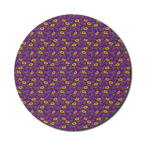 Fruit Mouse Pad for Computers, Continuous Plum Fruits Fresh Delicious Pattern, Round Non-Slip Thick Rubber Modern Gaming Mousepad, 8" Round, Purple Earth Yellow, by Ambesonne