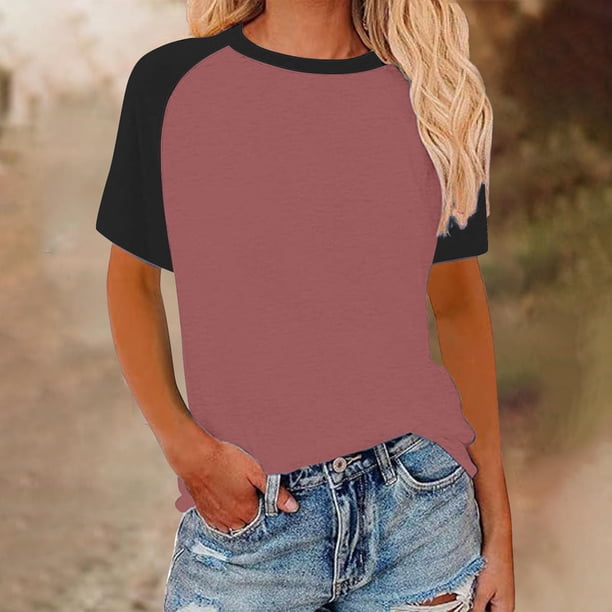 mfyjkho Tops Elegantes Para Mujer, Suéter De Cuello Redondo Y Manga Corta Con Estampado En Contraste Para Mujer. Tops Para Hacer Ejercicio S