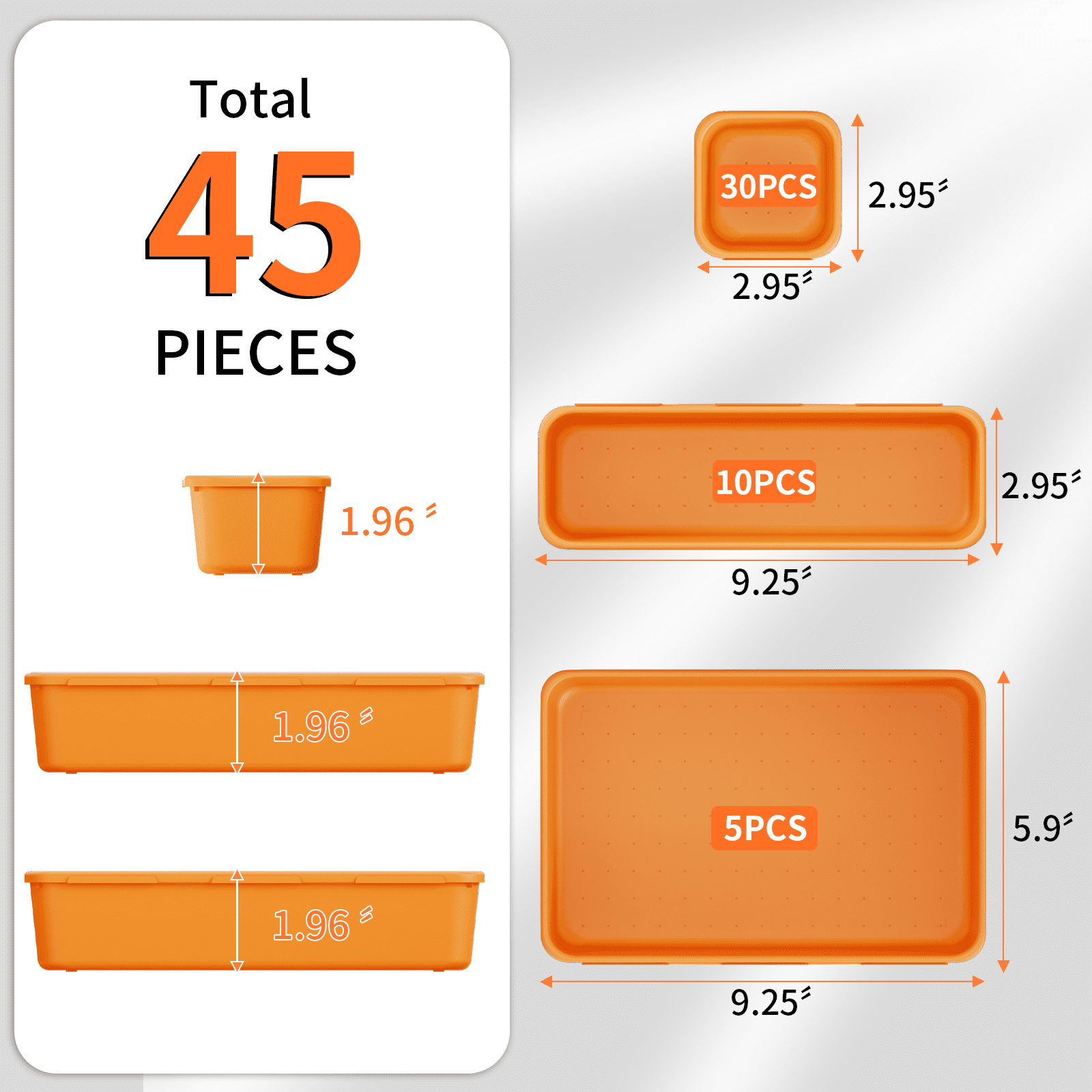 HAIDAIYA 45 Pack Plastic Drawer Organizer Trays, 3-Sizes Vanity and Desk Storage Bins, tool box Organizers for Makeup, Jewelry, Gadgets, Utensils, Orange