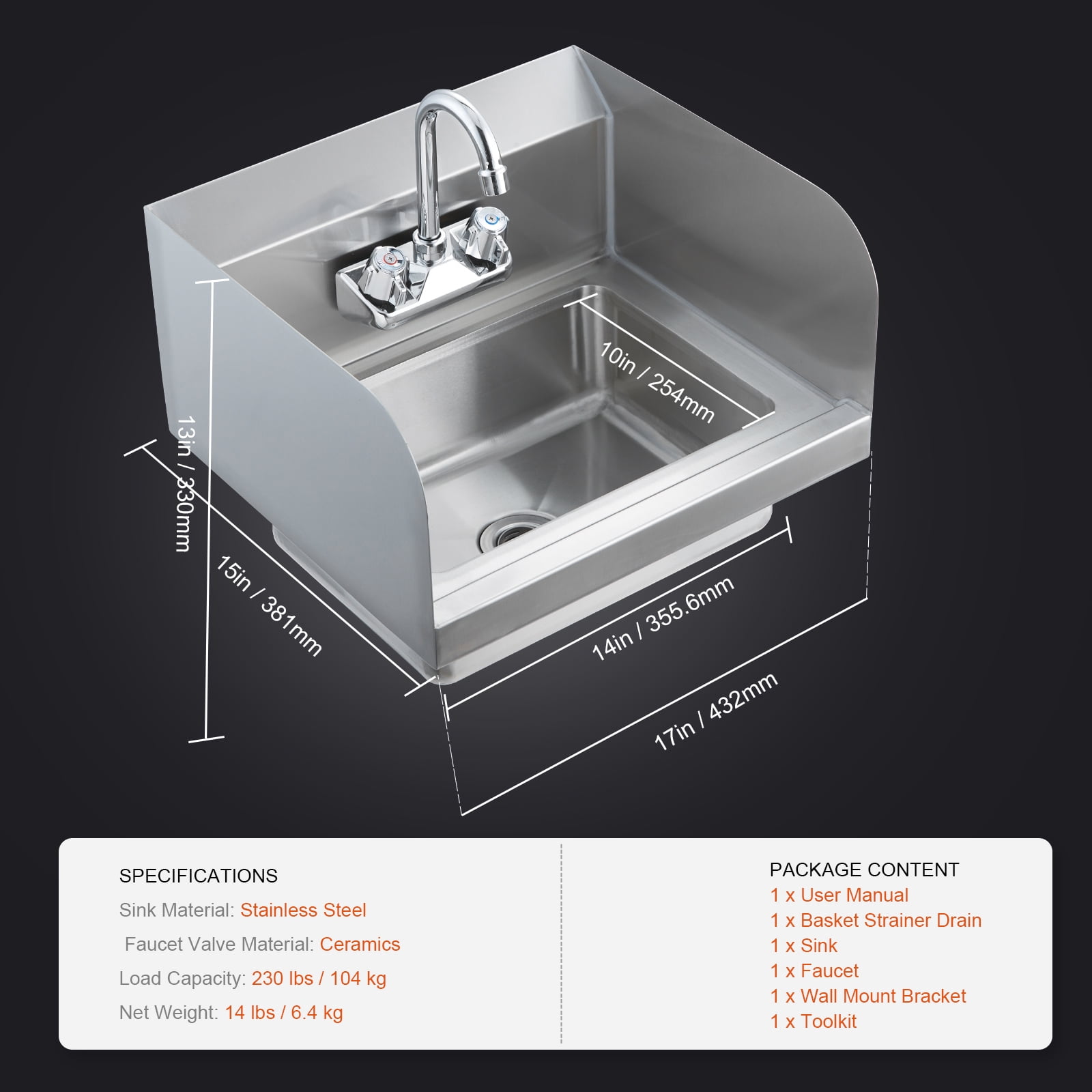 KFFKFF Commercial Hand Wash Sink Wall Mount Basin 17"x12.8" Stainless Steel Sink