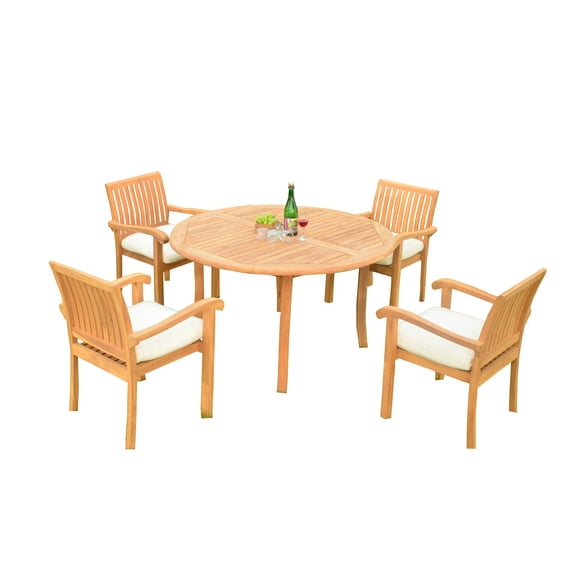 5 PC A Grade Outdoor Patio Teak Dining Set - 52" Round Table & 4 Naples Stacking Arm Chairs