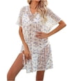 thumbnail image 2 of Qzwdhjm Womens Crochet Swimsuit Cover Ups Hollow Out Color Block Dress Coverup Short Sleeve V Neck Bathing Suits Cover Up with Slit for Beach Party, 2 of 8