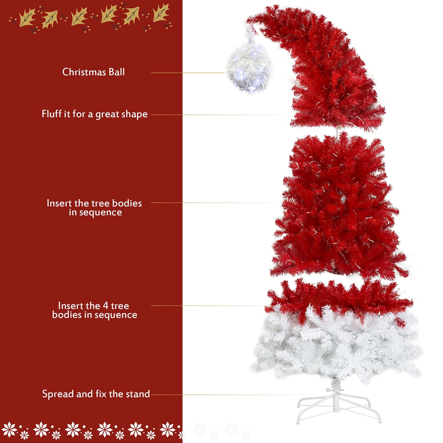 Kadyn 6ft Christmas Tree, Hinged Fraser Fir Artificial Fir Bent Top Christmas Tree, Pre-lit Slim Christmas Tree with LED Lights, Red