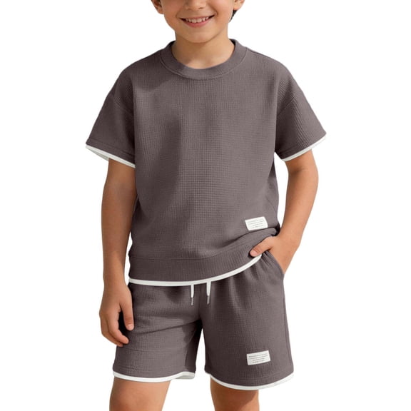 HAOTAGSBoys Outfit Sets, Short Sleeve T-Shirt & Elastic Waist Shorts with Pockets Summer Kids Fashion Clothes Coffee Size 10